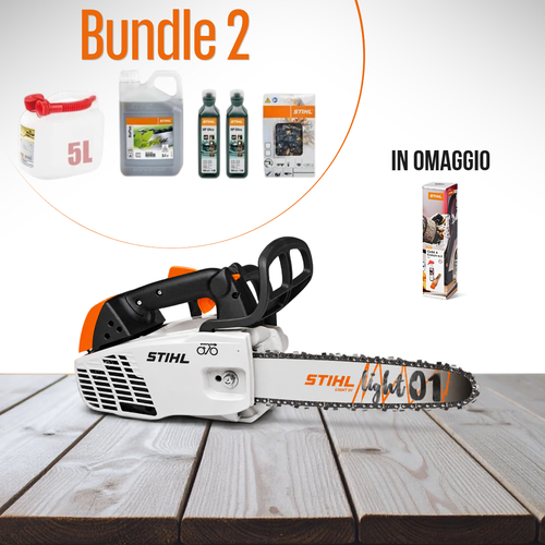Motosega a scoppio STIHL MS 194 T - spranga 30 cm - catena 3/8" P + Tanica 5L + 3 L BioPlus + 2 HP Ultra 100 ml + catena + Care & Clean KIT MS in omaggio
