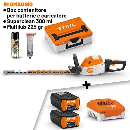 TOSASIEPI A BATTERIA STIHL HSA 140 R - lama da 60 cm + batteria AP 200 S + caricatore AL 301 + Omaggi